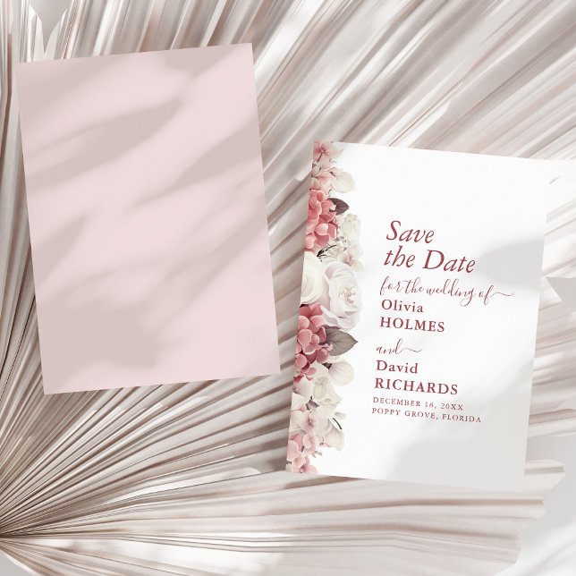 Boho Chic Dusty Rose Hydrangea Wedding  Save The Date (Boho Chic Dusty Rose Hydrangea Wedding Save The Date on a sunny neutral dry palm leaf.)