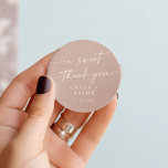 Boho Chic Dusty Rose Pink A Sweet Thank You Favour Classic Round Sticker<br><div class="desc">This boho chic burgundy red a sweet thank you favour classic round sticker is perfect for a minimalist wedding. The neutral rose gold blush pink modern bohemian design features simple rustic calligraphy with a unique yet classic style.

Personalize your favour stickers with your names and wedding date.</div>