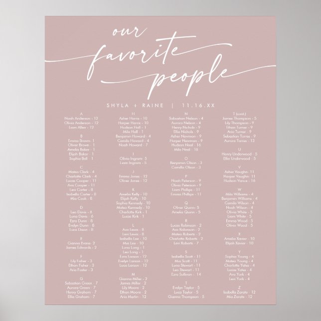Boho Chic Dusty Rose Pink Printable Seating Chart (Front)