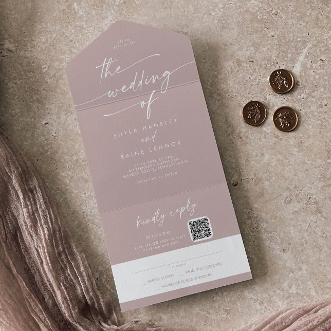 Boho Chic Dusty Rose Pink QR Code Mail In Wedding All In One Invitation (Creator Uploaded)