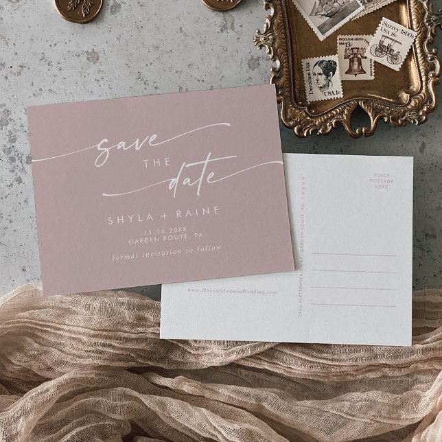 Boho Chic Dusty Rose Pink Wedding Save the Date Invitation Postcard (Creator Uploaded)
