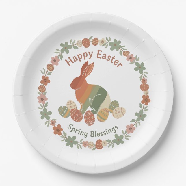  Boho Chic Easter Bunny Floral Wreath & Eggs Sprin Paper Plate (Front)