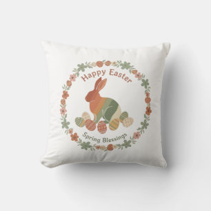 Boho Chic Easter Bunny Floral Wreath & Eggs Sprin Throw Pillow