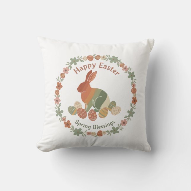  Boho Chic Easter Bunny Floral Wreath & Eggs Sprin Throw Pillow (Front)