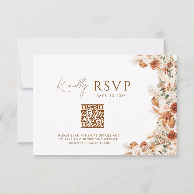 Boho Chic Elegant Script Wedding Website QR Code RSVP Card (Front)