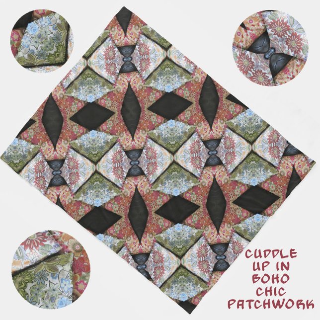Boho Chic Embroidered Patchwork Pattern Fleece Blanket (Creator Uploaded)