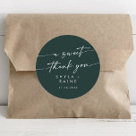 Boho Chic Emerald Green A Sweet Thank You Favour Classic Round Sticker<br><div class="desc">This boho chic emerald green a sweet thank you favour classic round sticker is perfect for a minimalist wedding. The dark and moody hunter forest green modern bohemian design features simple rustic calligraphy with a unique yet classic style.

Personalize your favour stickers with your names and wedding date.</div>