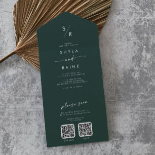 Boho Chic Emerald Green Dual QR Code Wedding All In One Invitation