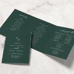 Boho Chic Emerald Green Monogram Wedding Tri-Fold Programme<br><div class="desc">This boho chic emerald green monogram wedding tri-fold program is perfect for a minimalist wedding. The dark and moody hunter forest green modern bohemian design features simple rustic calligraphy with a unique yet classic style. Personalize your wedding program with your initials, names, wedding date and location, your favourite quote or...</div>