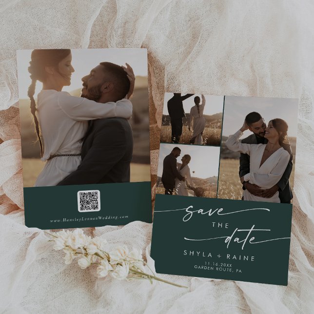 Boho Chic Emerald Green Multi Photo QR Code Save The Date (Creator Uploaded)