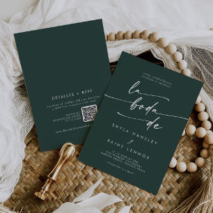 Boho Chic Emerald Green QR Code Spanish Wedding Invitation
