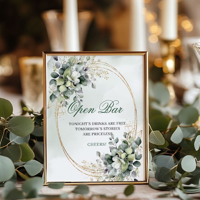 Boho Chic Eucalyptus Open Bar Sign Green Gold (Boho Chic Eucalyptus Open Bar Sign Green Gold)