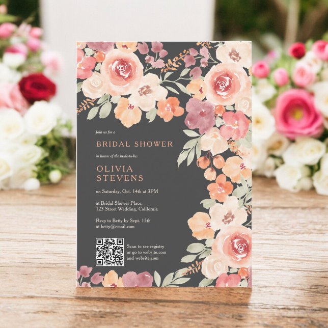 Boho chic fall peach grey qr code bridal shower invitation (Boho rustic fall peach blush qr code bridal shower invitation on gray)