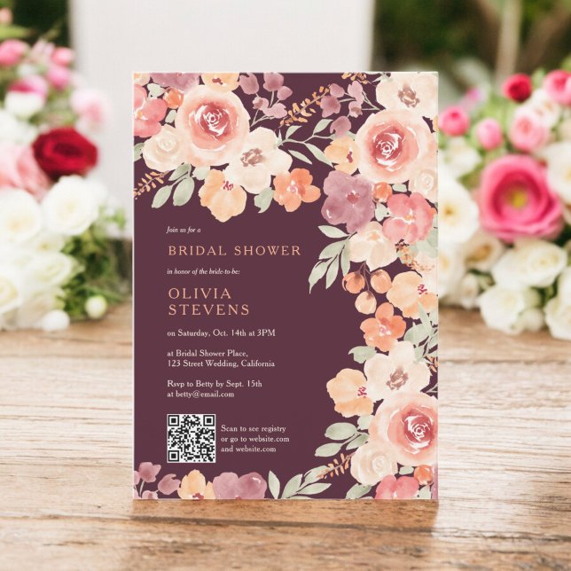 Boho chic fall peach plum qr code bridal shower invitation (Boho rustic fall peach blush qr code bridal shower invitation)