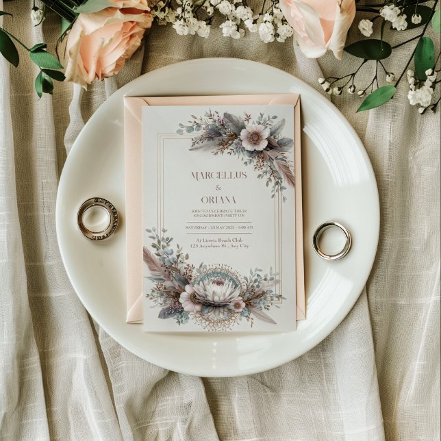 Boho Chic Feather Dusty Rose Gold Frame Wedding Invitation (Creator Uploaded)