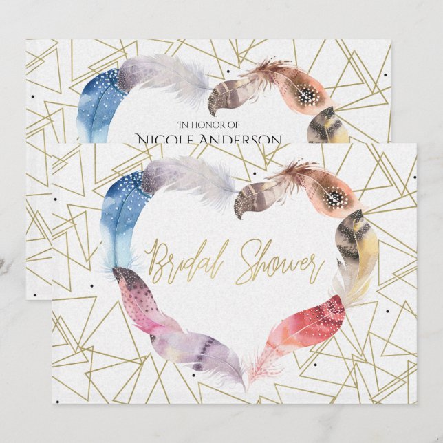 Boho Chic Feather Heart Bridal Douche Invitations (Devant / Derrière)