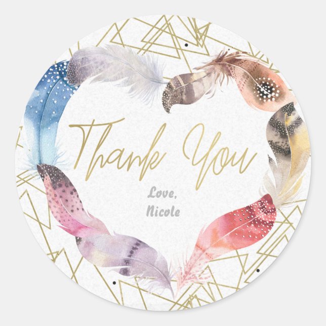 Boho Chic Feather Heart Gold Thank You Favour Classic Round Sticker (Front)