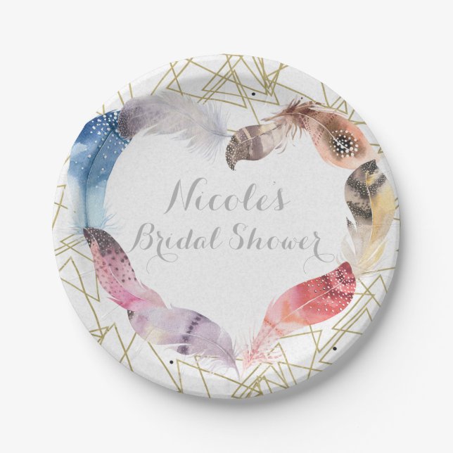 Boho Chic Feather Heart Personalized Party Paper Plate (Front)