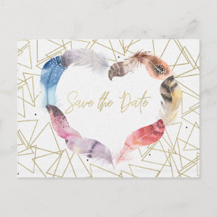 Boho Chic Feather Heart Save the Date Modern Announcement Postcard