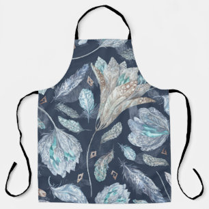 Boho Chic Feathers Flowers: Watercolor Dark Blue P Apron