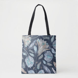 Boho Chic Feathers Flowers: Watercolor Dark Blue P Tote Bag