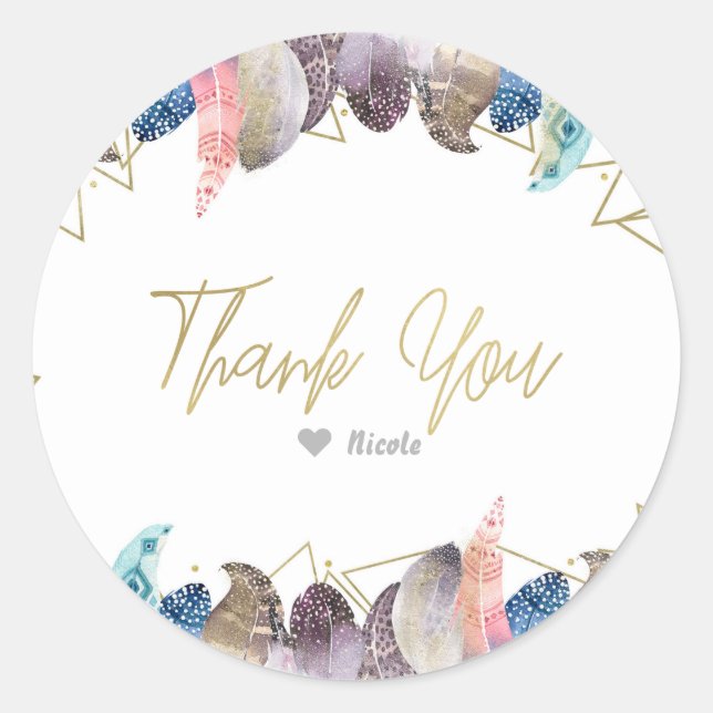 Boho Chic Feathers Rustic Glam & Gold Party Favour Classic Round Sticker (Front)