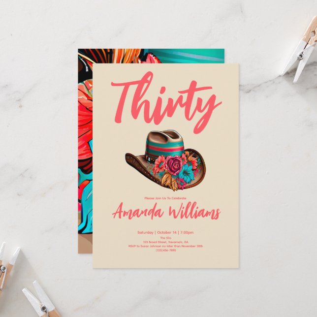 Boho Chic Floral 30th Birthday Invitation (Front/Back In Situ)