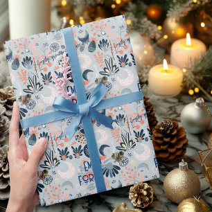 Boho Chic Floral and Celestial Themed Personalized Wrapping Paper