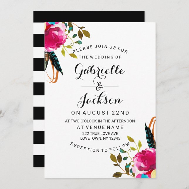 Boho Chic Floral Aquarelle Mariage Invitations (Devant / Derrière)