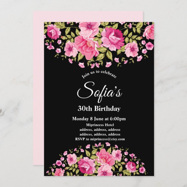 boho chic floral birthday party invitation (Front/Back)
