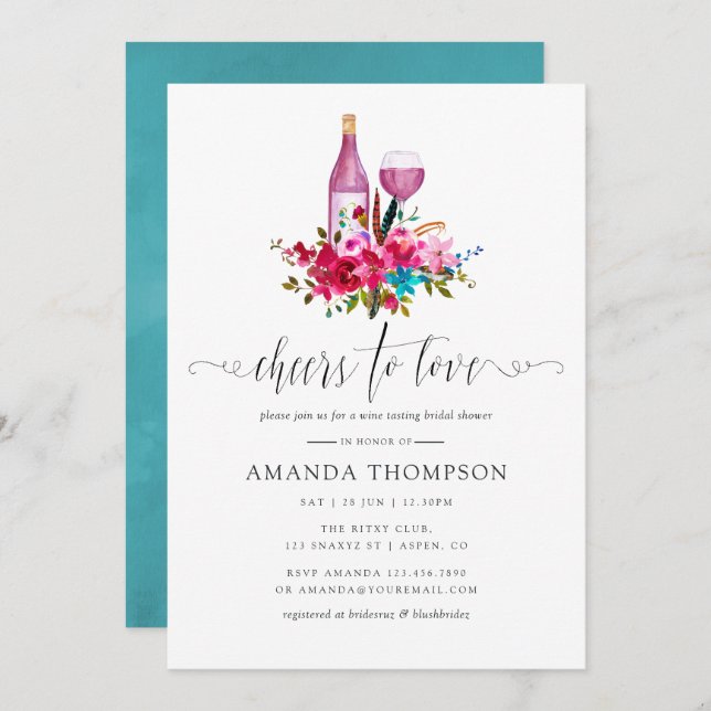 Boho Chic Floral Bridal Shower Wine Tasting Invitation (Front/Back)