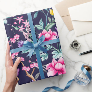 Boho Chic Floral & Butterflies Navy Wrapping Paper