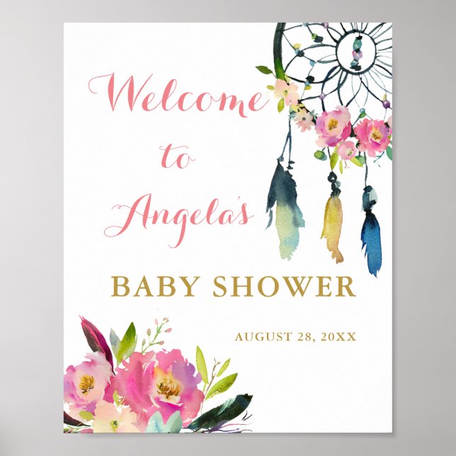 Boho Chic Floral Dream Catcher Baby Shower Welcome Poster (Front)