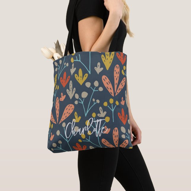 Boho Chic Floral Foliage Pattern Monogram Tote Bag (Close Up)