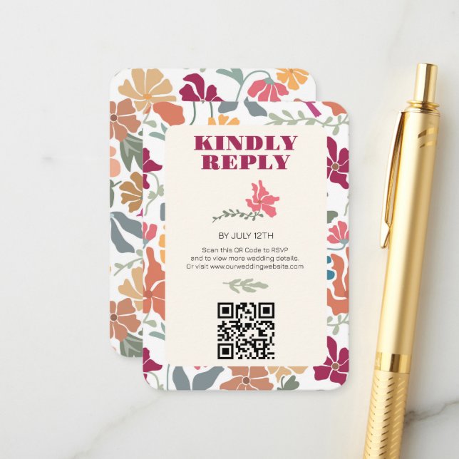 Boho Chic Floral Mid Century Retro Wedding Enclosure Card (Front/Back In Situ)