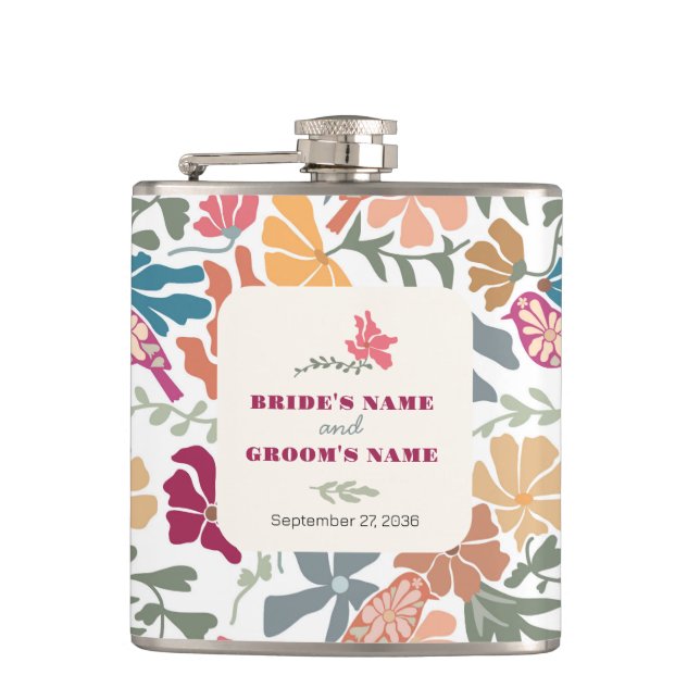 Boho Chic Floral Mid Century Retro Wedding Hip Flask (Front)