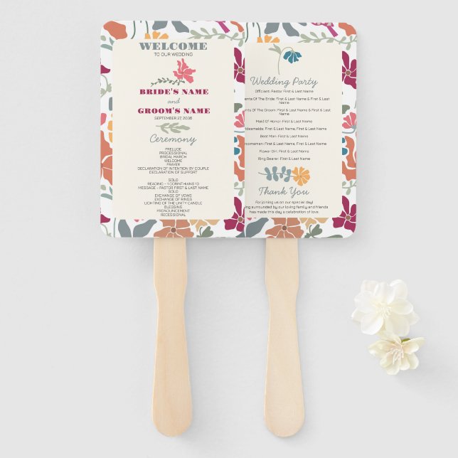 Boho Chic Floral Mid Century Retro Wedding Program Hand Fan (Front and Back)