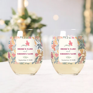 Boho Chic Floral Mid Century Retro Wedding Stemless Wine Glass