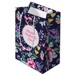 Boho Chic Floral Pattern   Navy Blue Mother's Day Medium Gift Bag