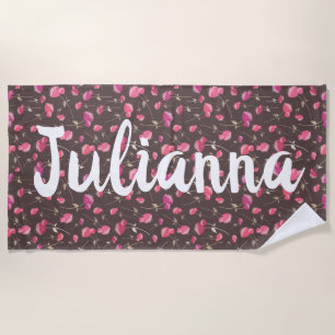Boho Chic Floral Pattern Pink Brown Personalized Beach Towel