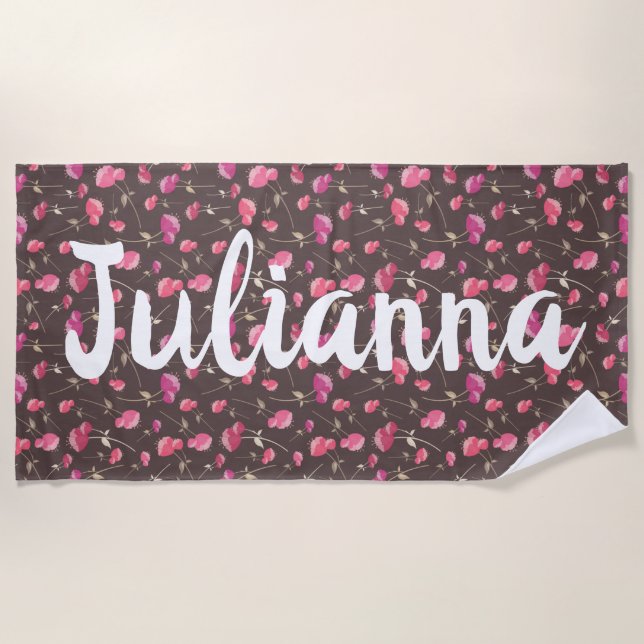 Boho Chic Floral Pattern Pink Brown Personalized Beach Towel (Front)