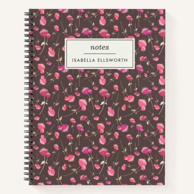 Boho Chic Floral Pattern Pink Brown Personalized Notebook (Front)