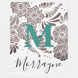 Boho Chic Floral Pattern Turquoise & Grey Monogram Fleece Blanket