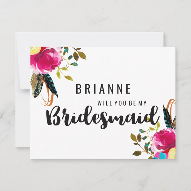 Boho Chic Floral Pink Will You Be My Bridesmaid Invitation (Front)