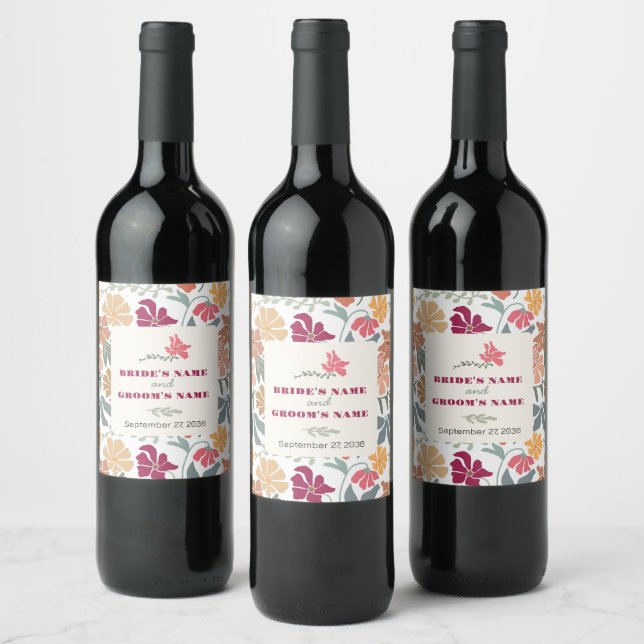 Boho Chic Floral Retro Wedding Favour Wine Label (Bottles)