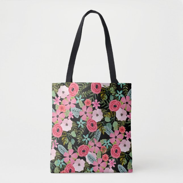 Boho chic floral tote bag Black pink (Front)