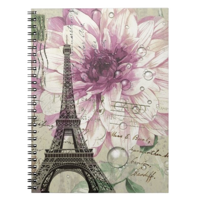 Boho Chic floral Vintage Paris Eiffel Tower Notebook (Front)