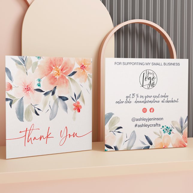 Boho chic floral watercolor order thank you square business card (Creator Uploaded)