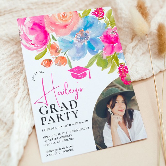 Boho chic floral watercolor photo graduation 2024 invitation (Boho chic floral watercolor photo graduation 2024 invitation)