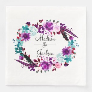 Boho Chic Floral Wreath Purple Wedding Monogram Napkin